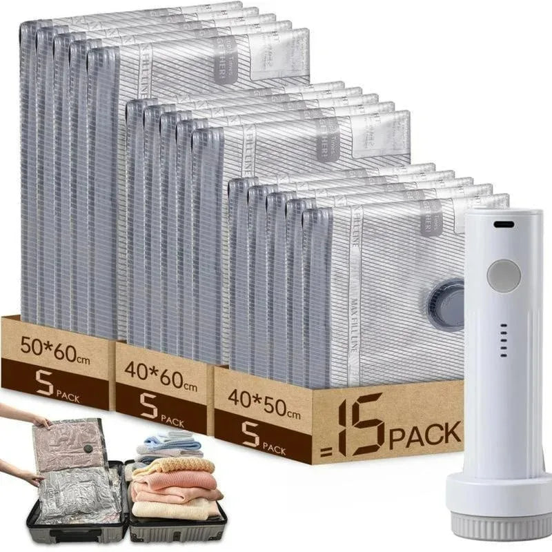 15Pack Vacuum Bags for Travel with Rechargeable Air Pump, Carry-on Compression for Luggage and Suitcase, Space Saver