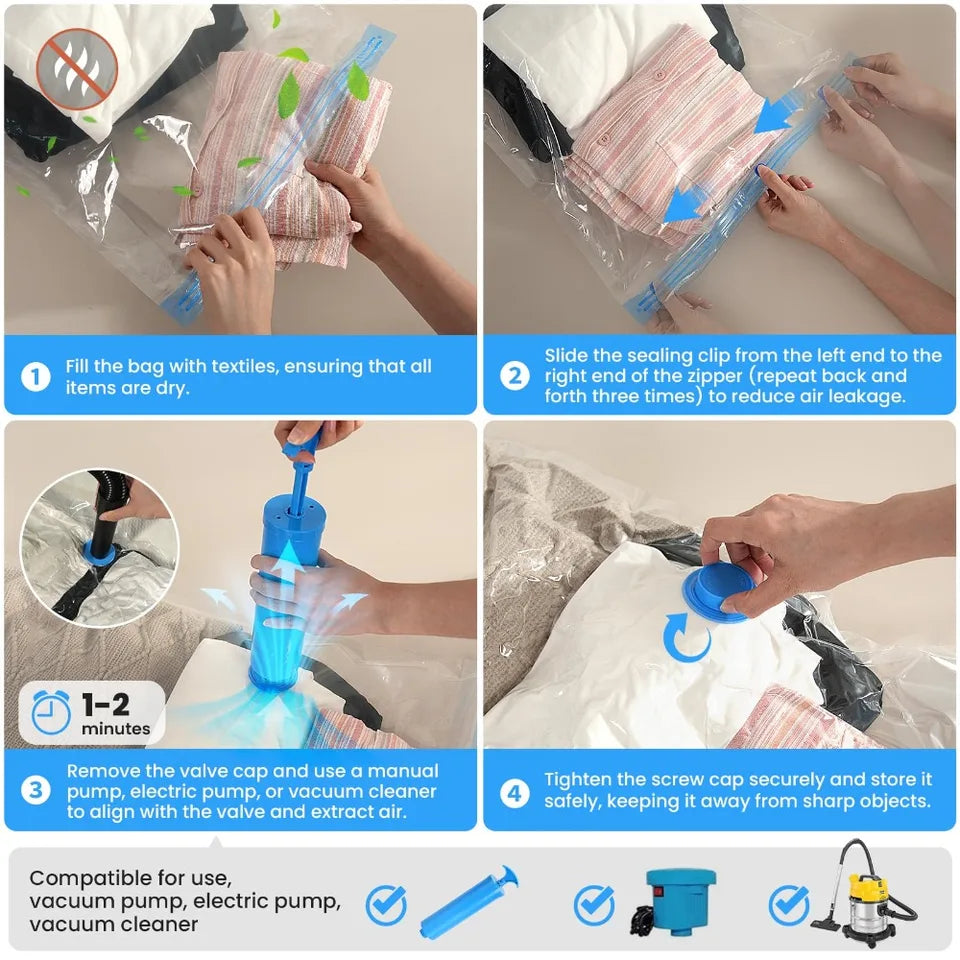 12/20Pcs Reusable Vacuum Storage Sealing Bags with Hand Pump Clear Folding Compressed Space Saving Vacuum Bag for Clothes Travel