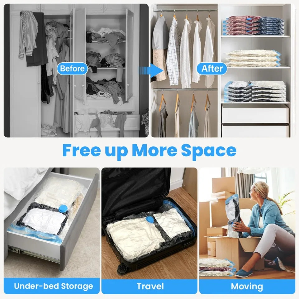 12/20Pcs Reusable Vacuum Storage Sealing Bags with Hand Pump Clear Folding Compressed Space Saving Vacuum Bag for Clothes Travel