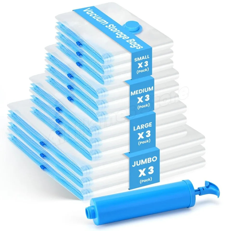 12/20Pcs Reusable Vacuum Storage Sealing Bags with Hand Pump Clear Folding Compressed Space Saving Vacuum Bag for Clothes Travel