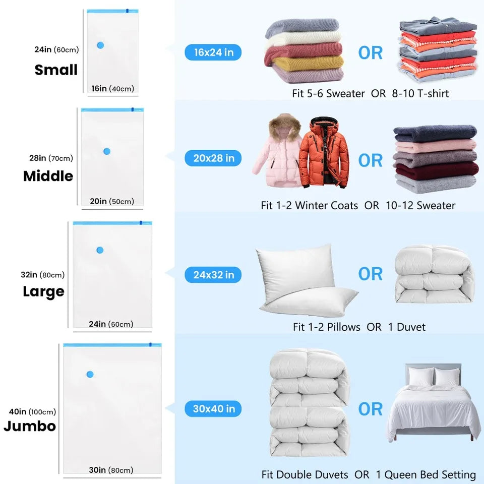 12/20Pcs Reusable Vacuum Storage Sealing Bags with Hand Pump Clear Folding Compressed Space Saving Vacuum Bag for Clothes Travel
