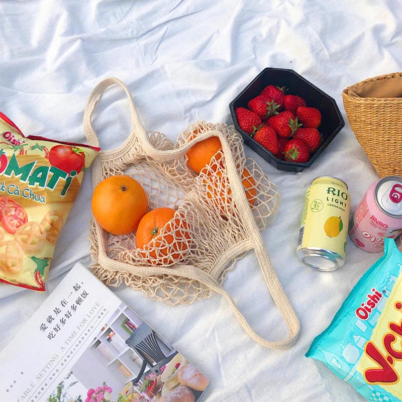 1PC Reusable Cotton Mesh String Organizer Handbag Short Handle Shopping Bags Tote Portable Grocery Bags for Fruit Vegetable Bag