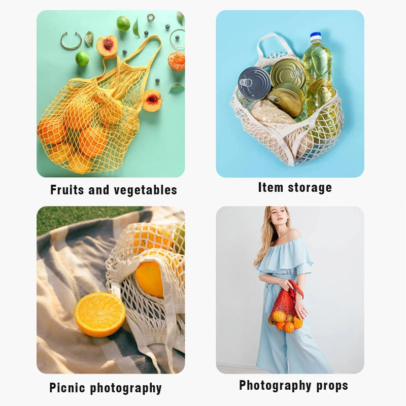 1PC Reusable Cotton Mesh String Organizer Handbag Short Handle Shopping Bags Tote Portable Grocery Bags for Fruit Vegetable Bag